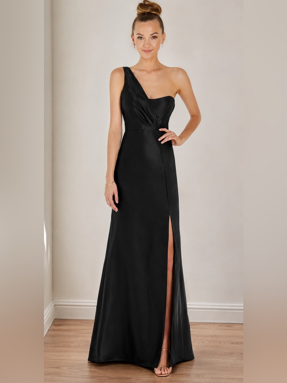 Alfred Sung One-Shoulder Black Evening Gown with Side Slit